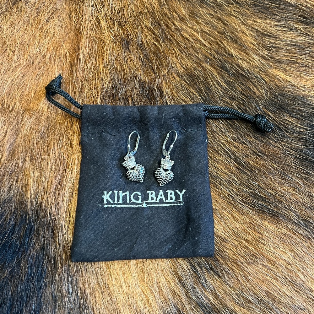 King Baby Earrings Small 3D Crowned Heart w/Pave Black CZ Leverback